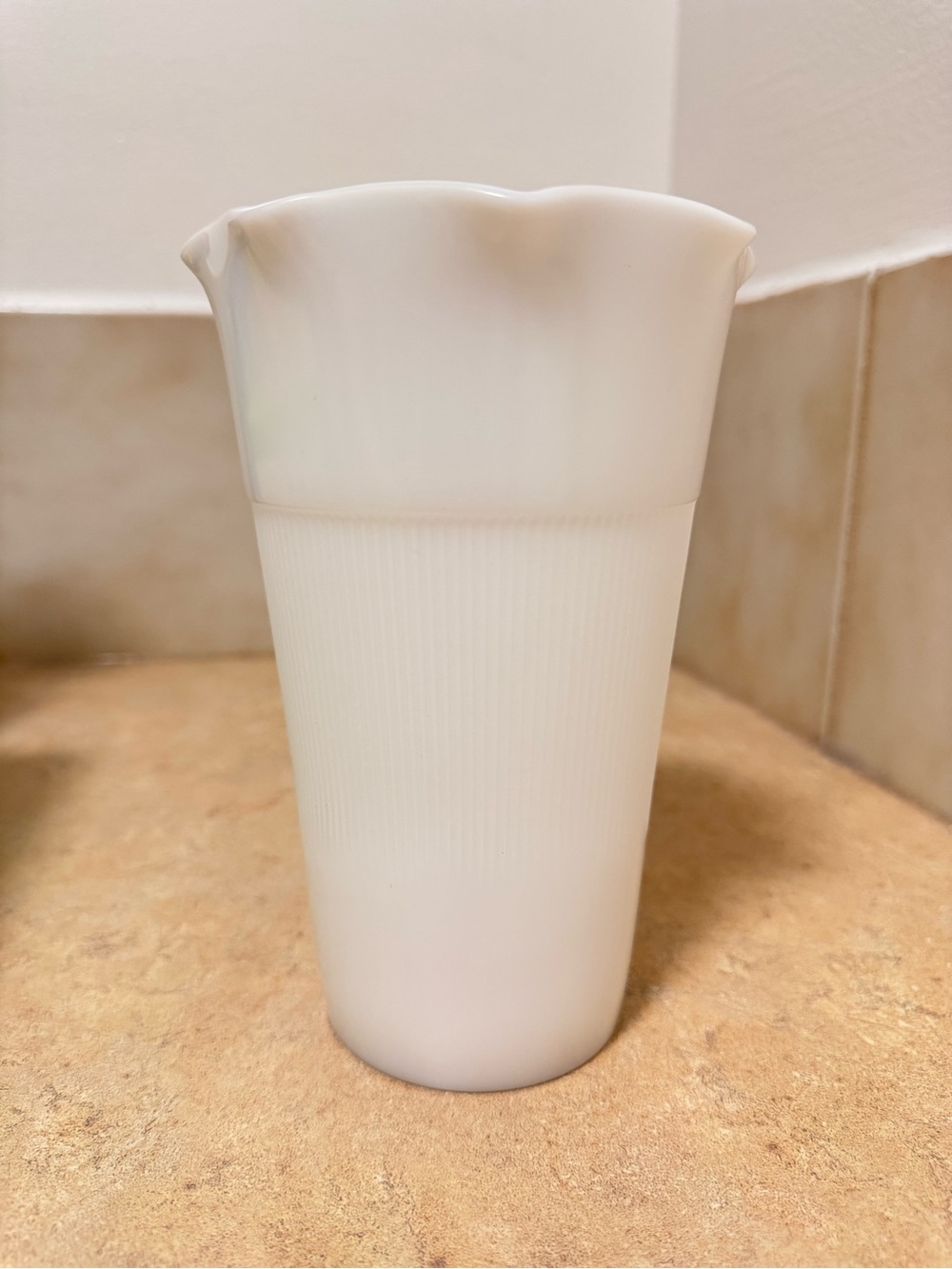 White Milk Glass Scalloped Vase | Ribbed Pedestal Bud Vase - Picture 9 of 10